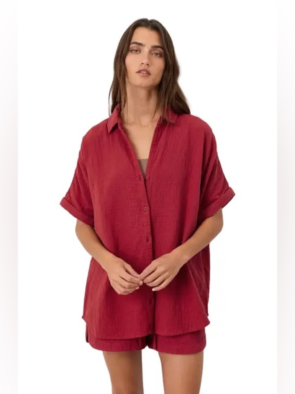 Pact Organic Cotton Red Lightweight Gauze Button-Up Short Sleeve Shirt Large